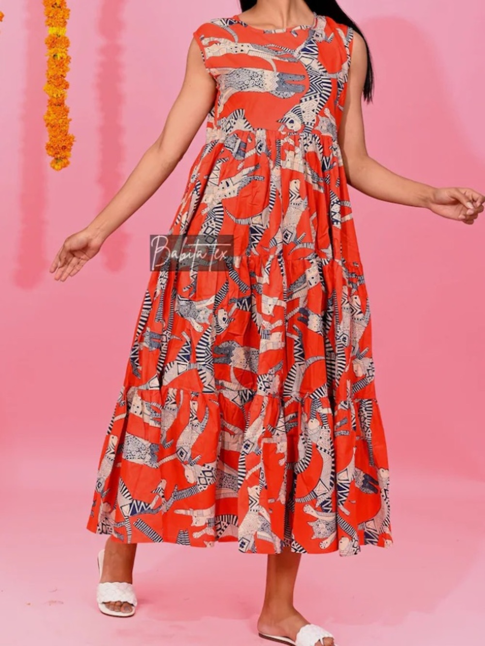 Easy Sleeveless Sundress, Breezy Cotton Block Print Tiered Maxi Dress, Red Cat